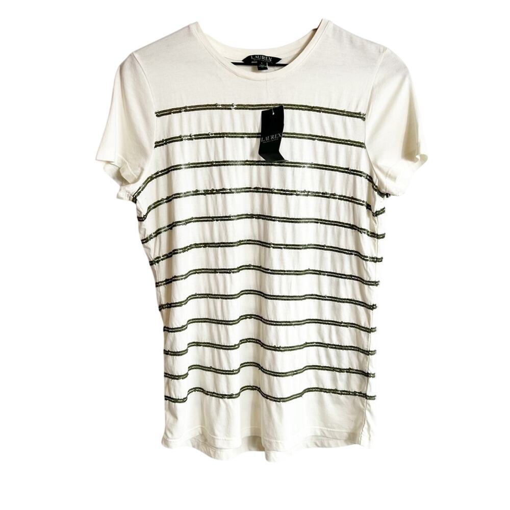 LAUREN RALPH LAUREN CREAM GREEN SEQUIN WOMEN SHORT SLEEVE TOP BRAND NEW - Picture 1 of 6